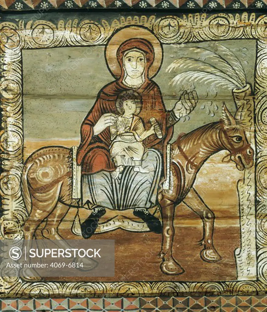 Mary and Jesus during the flight into Egypt, Romanesque painted ceiling, c. 1150, Grisons canton, Switzerland, detail