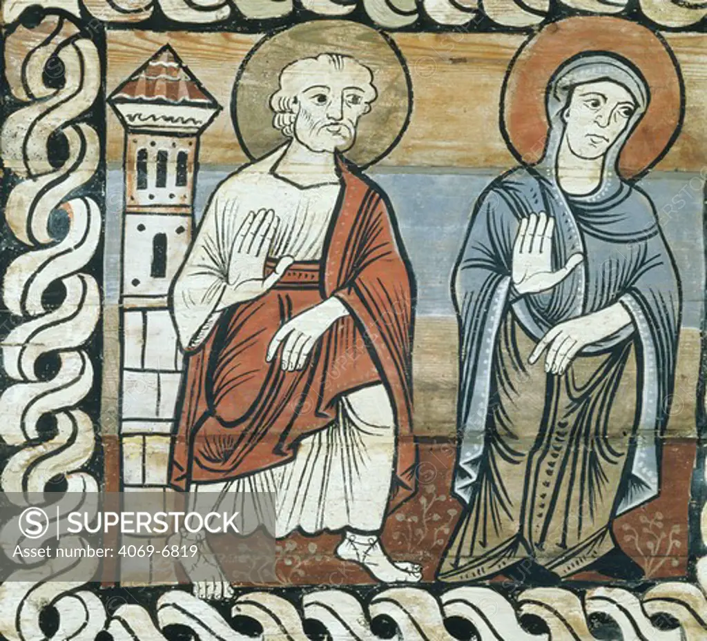 Joseph and Mary during the childhood of Jesus, Romanesque painted ceiling, c. 1150, Grisons canton, Switzerland, detail