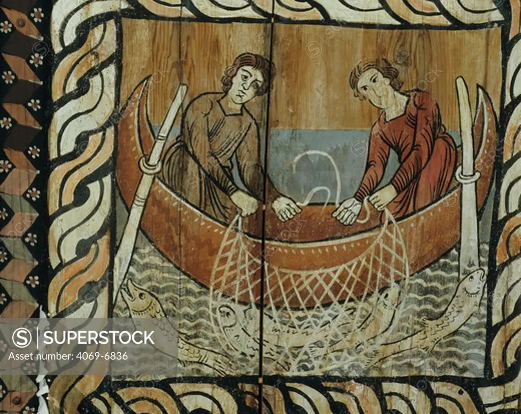 Net fishing scene, Romanesque painted ceiling, c. 1150, Grisons canton, Switzerland, detail