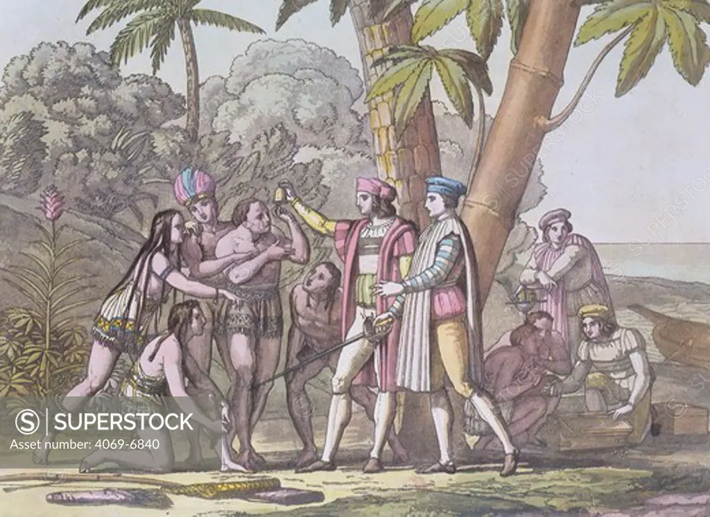 Christopher COLUMBUS, 1451-1506, Italian (Genoese), meeting the indigenous people of the New World, watercolour, 17th century, by Bonatti