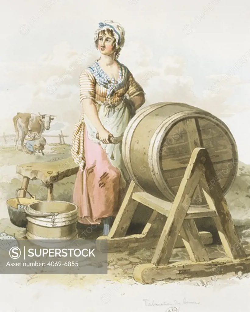 Churning butter, from The Costume of Great Britain, engraving by William Henry Pyne, published by William Miller, early 19th century