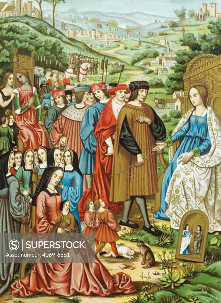King LOUIS XII, 1462-1515, King of France, standing before Good Fortune with Anne of Brittany, 1477-1514, his Queen, their daughter, Claude of France, 1499-1524, and lords and ladies of the court, 16th century, after original manuscript held at the Bibliothique Nationale, Paris