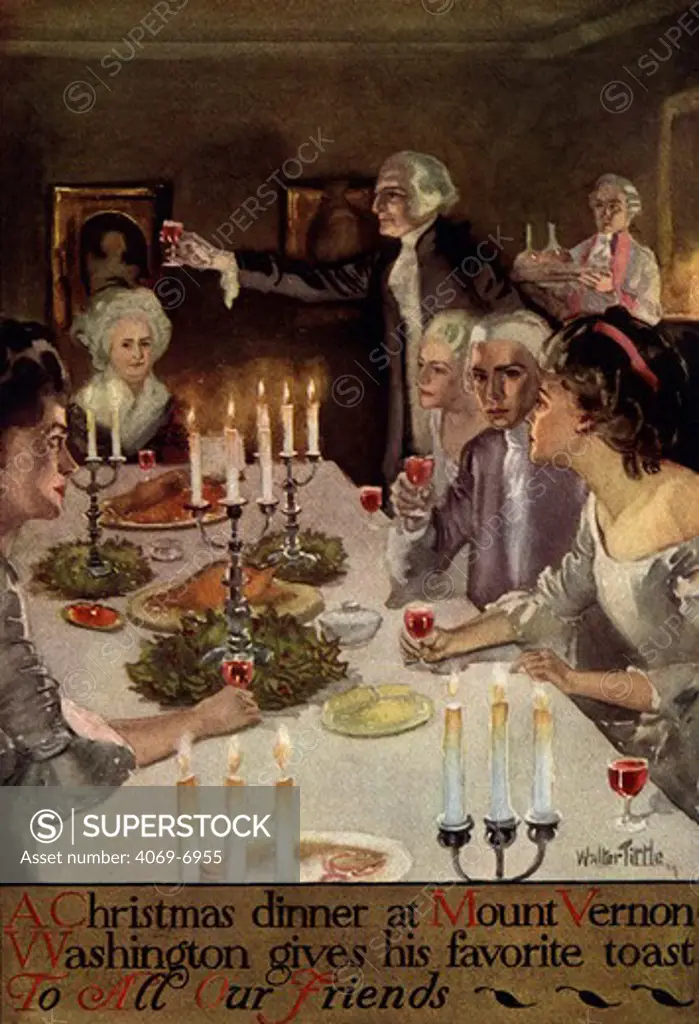 A Christmas Dinner at Mount Vernon with George and Martha Washington at the head of the table, illustration from Colonial Holidays by Walter Tittle, published by Doubleday, Page and Co., 1910.