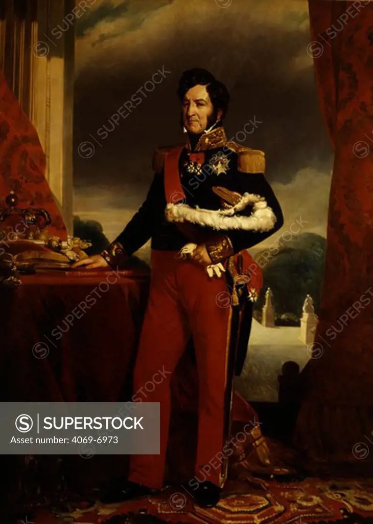 LOUIS-PHILIPPE, 1773-1850, King of the French 1830-48, known as the Citizen King, standing with his hand resting on the 1830 Charter, 19th century painting