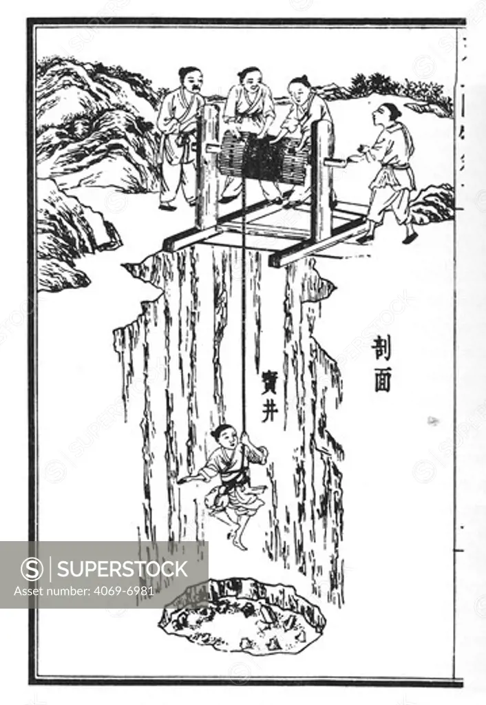 A gem miner descending a shaft, from the 'Thian Kung Khai Wu ', Sung Ying-Hsing says that the gem miners of Yunnan often met with dangerous gases so they roped themselves together in case one of them was overcome