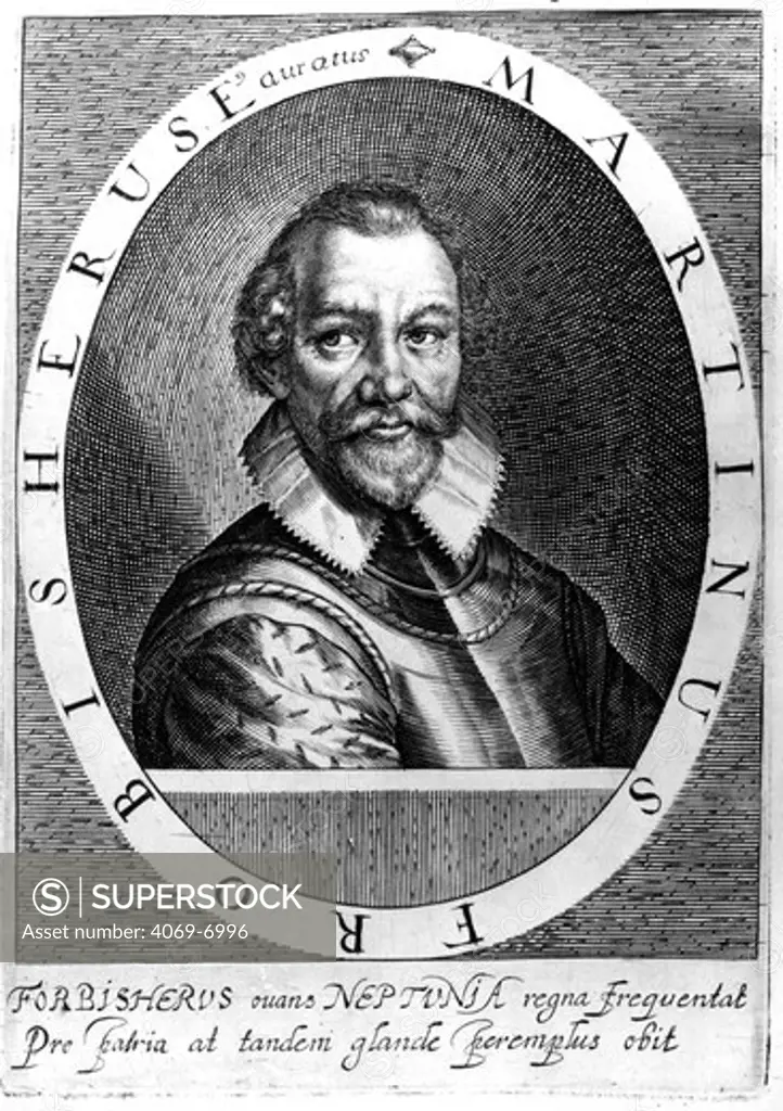 Sir Martin FROBISHER c.1535-94, English sailor and explorer who in quest for North west passage to China, reached Labrador in 1576. He also commanded a vessel in Drake's expedition to West Indies. Engraving c. 1620 from H. Holland, Herwologia