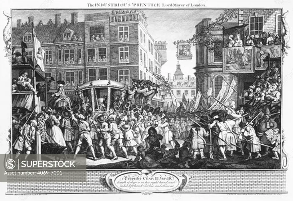 Industry and Idleness: The industrious prentice Lord Mayor of London, November 9, 1746, engraving. Procession moves east along Cheapside from Paternoster Row and St Paul's Churchyard on right. St Paul's east end is behind pub where Frederick Prince of Wales stands. Francis Goodchild is in coach and City Marshal is at window