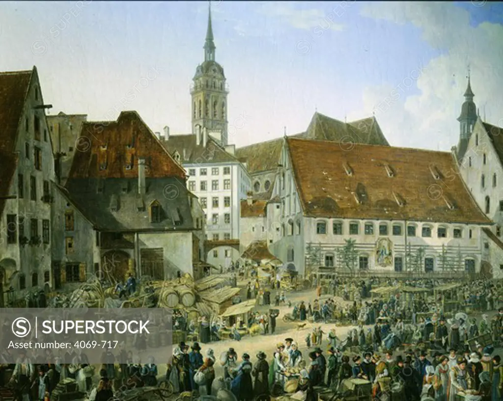 The Viktualienmarkt or food market in Munich painted by Domenico Quaglio 1824