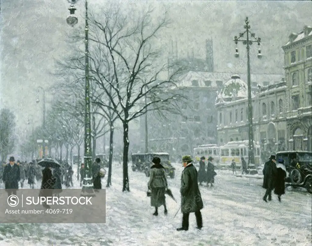 View of the Westerbrogade in Copenhagen in the snow in winter, 1919