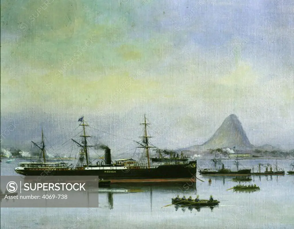 Steamship Medusa 1883 used for coffee transportation at anchor in Rio de Janiero Brasil with mountain in distance