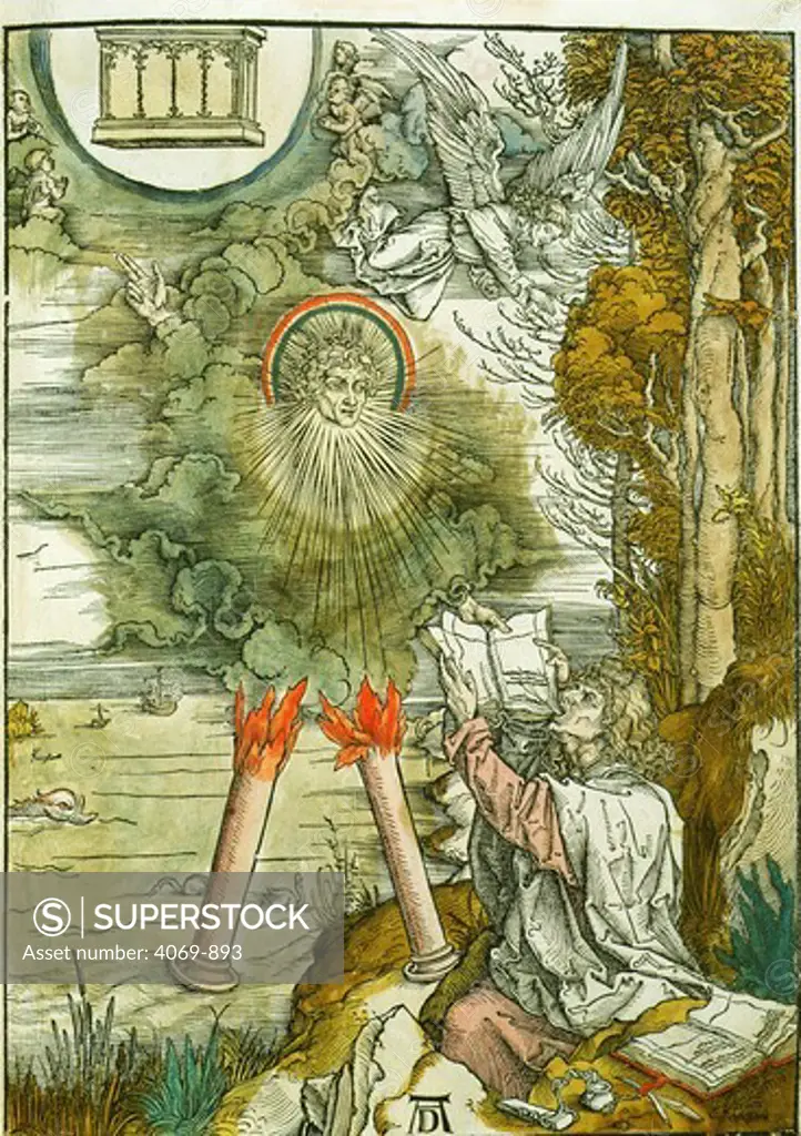 Saint John Evangelist on island of Patmos receives inspiration to write the Apocalypse engraving 1498