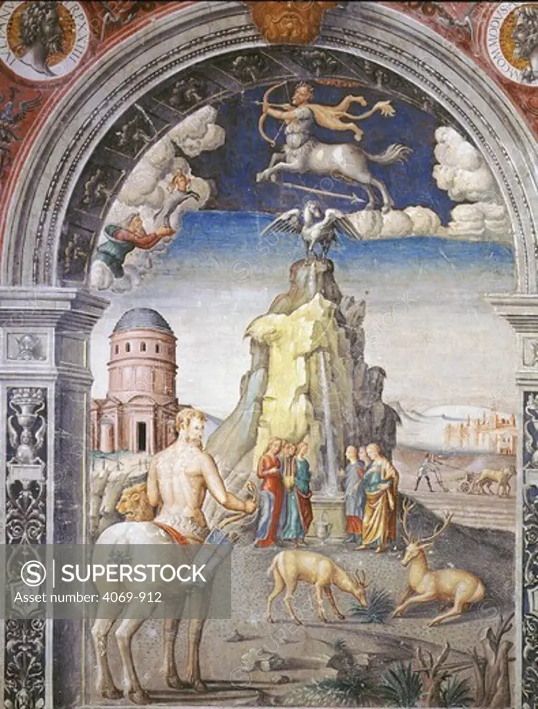 Fresco Mount Helicon with God Pegasus and centaur Chiron and fountain Hippocrene with zodiac sign Sagittarius, 1520