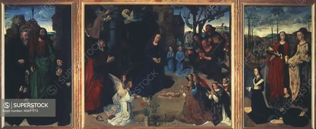The Portinari Altarpiece, triptych with Adoration of Shepherds, donors and Saints Antony Abbot and Thomas (left), Margaret and Mary Magdalene (right), c.1476-9