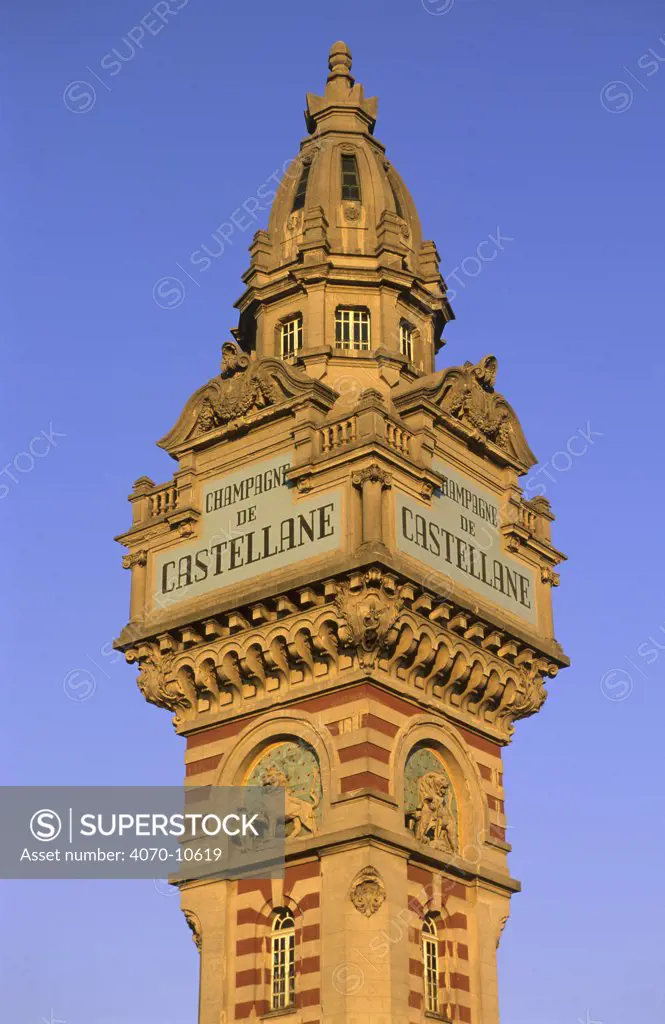 The Castellane tower in Epernay, Côte de Blancs vineyard, Champagne country, France