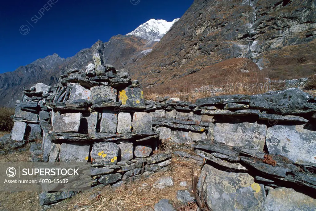 Chorten, Buddhist shrines, high in mountains, Singdum (3400metres) Langtang NP, Nepal