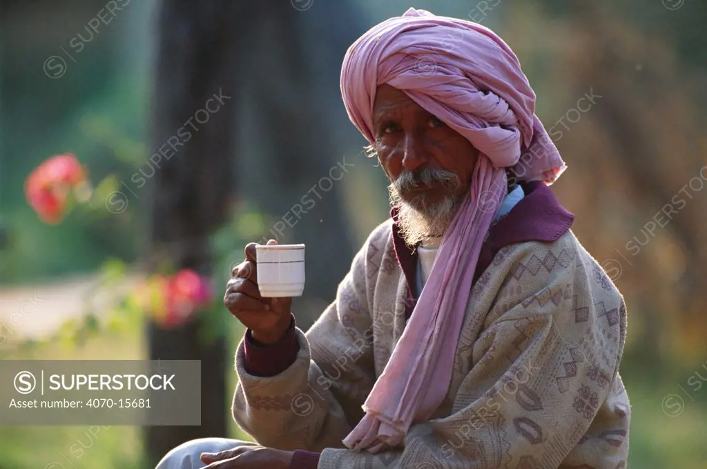 Tonga driver drinking cup of chai (tea) Keoladeo Ghana NP, Bharatpur, Rajasthan, India