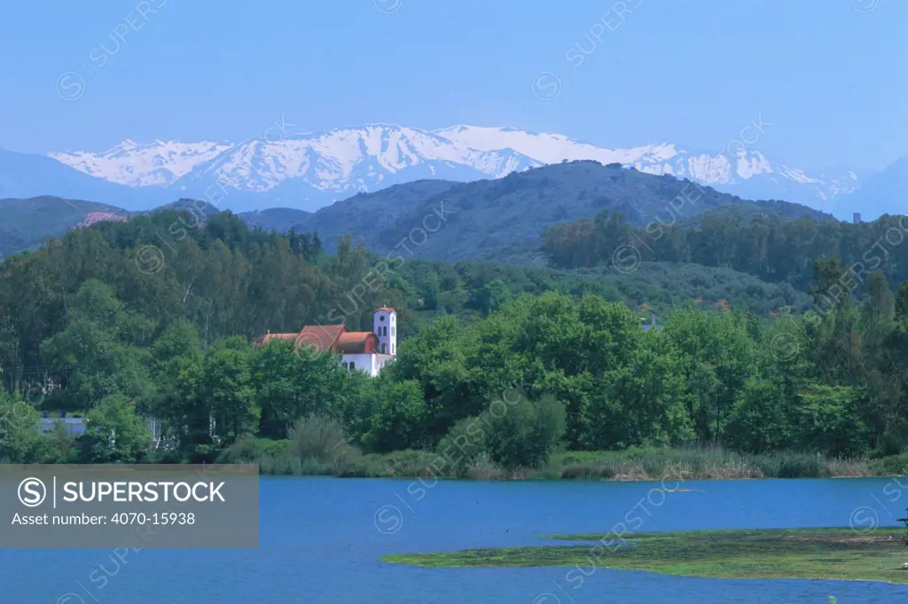 Small lake near Agia with Levka mountain range in background, Crete, Greece