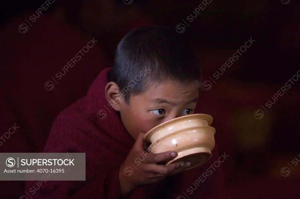 Young buddhist monk drinking, Galdan Namge Lhatse monastery / Golden Age Lhatse monastery, Tawang, Arunachal Pradesh, India 2005