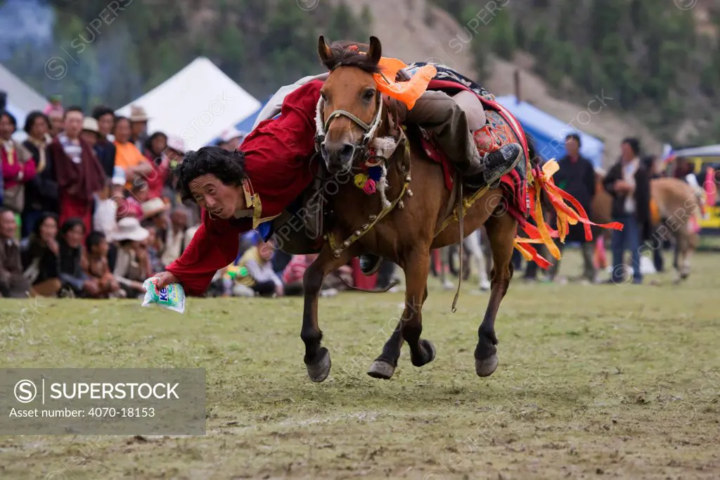 A Khampa warrior, mounted on his running Tibetan horse, tries to catch sweets laid out on the ground, during the horse festival, near Huangyan, in the Garze Tibetan Autonomous Prefecture in the Sichuan Province, China, June 2010