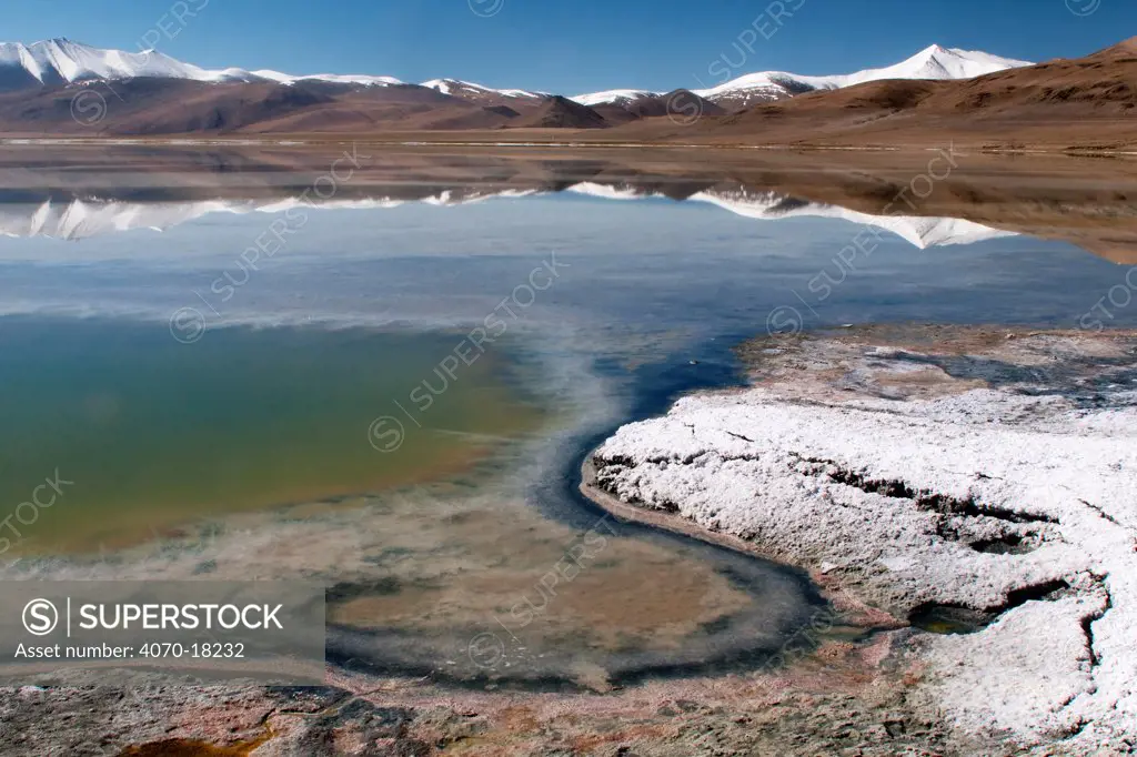 Shoreline of Tso Kar lake, with reflections of nearby mountain range, Ladakh, India, June 2010
