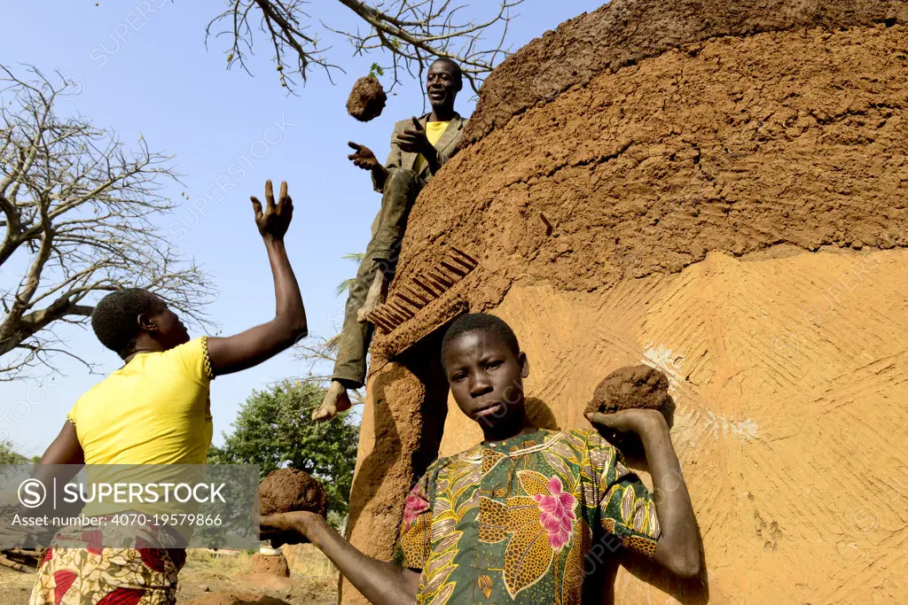  Somba family using mud to repair their traditional house, the Land of the Batammariba, Benin, February 2020