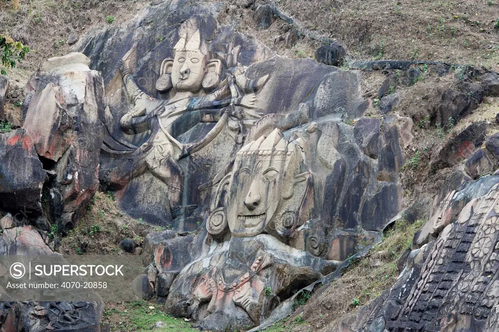 Archeological site (7th- 9th century) and Shiva pilgrimage site (Hinduism): rock carving depicting Laxman and Ram or Rama. Unakoti, Tripura, India, March 2012.