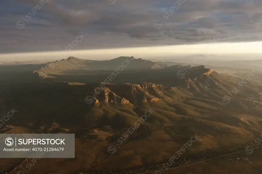 Dramatic early morning aerial of Wilpena Pound, Flinders Ranges National Park, South Australia, June 2011