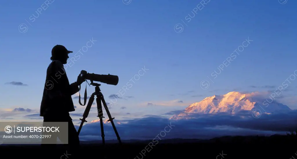 Silhouette of nature photographer in front of Mount McKinley, Denali NP, Alaska, USA.