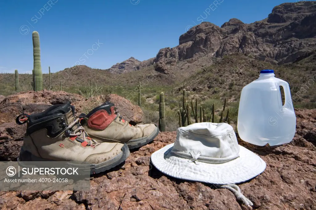 Sturdy boots, a brimmed hat and lots of water is what you need when hiking into the Sonoran desert, Organ Pipe National Monument, Arizona, USA May 2007