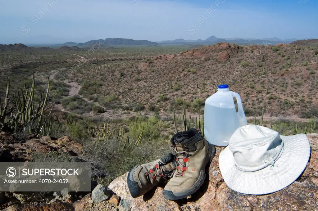 Sturdy boots, a brimmed hat and lots of water is what you need when hiking into the Sonoran desert, Organ Pipe National Monument, Arizona, USA May 2007