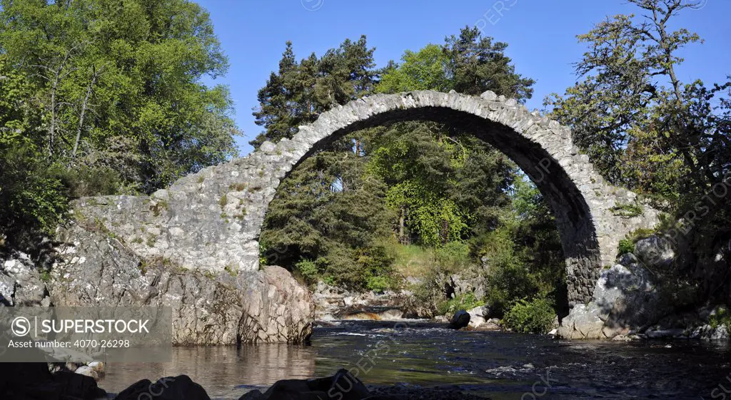 Pack Horse Funeral bridge over the river Dulnain, the oldest stone bridge in the Highlands at Carrbridge, Scotland, May 2010