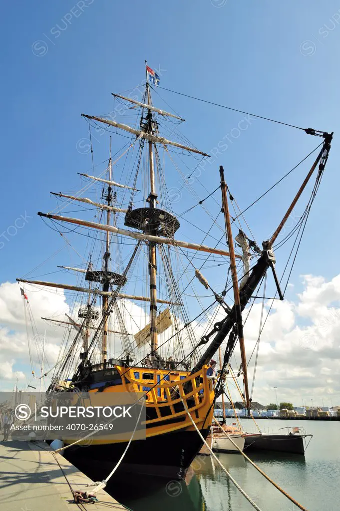The 'Grand Turk / Etoile du Roy', a three-masted sixth-rate frigate built in 1996 as a replica of HMS Blandford, built in 1741, Saint Malo, Brittany, France, September 2010