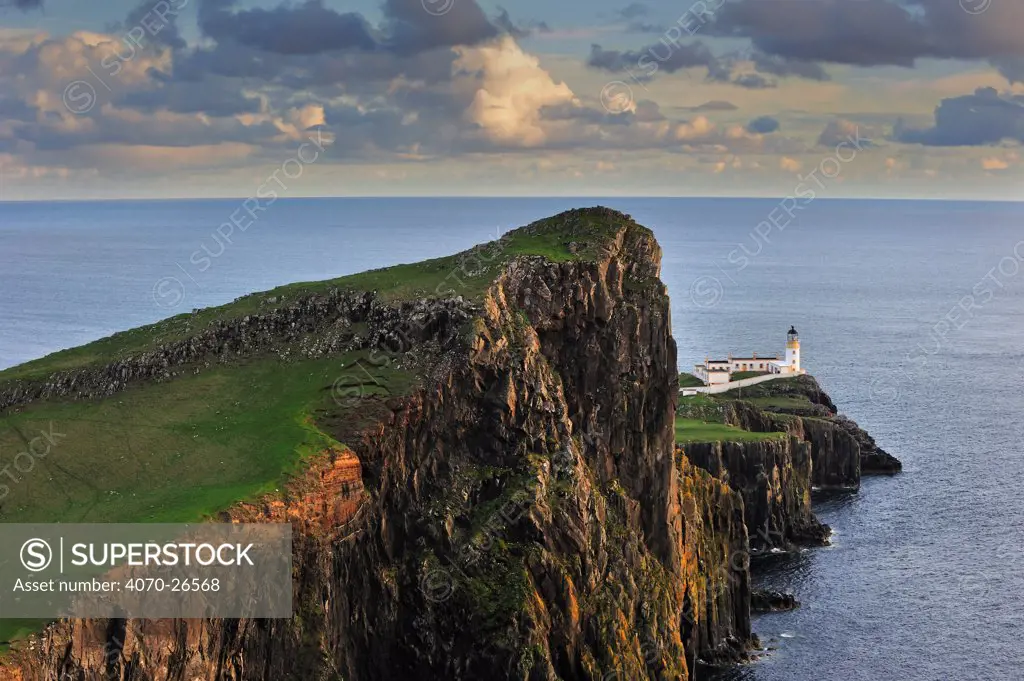 Lighthouse at Neist Point at sunset on the Isle of Skye, Inner Hebrides, Scotland, UK, May 2010