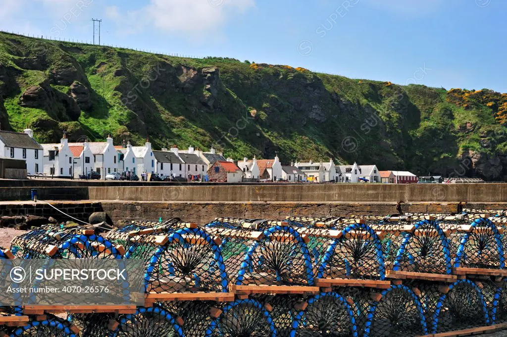 Lobster traps / cages at Pennan, a small coastal village in Aberdeenshire, Highlands, Scotland, UK, May 2010