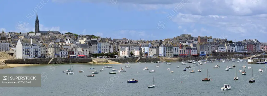 Seafront with sailing boats in the harbour of Douarnenez, Finistere, Brittany, France May 2011