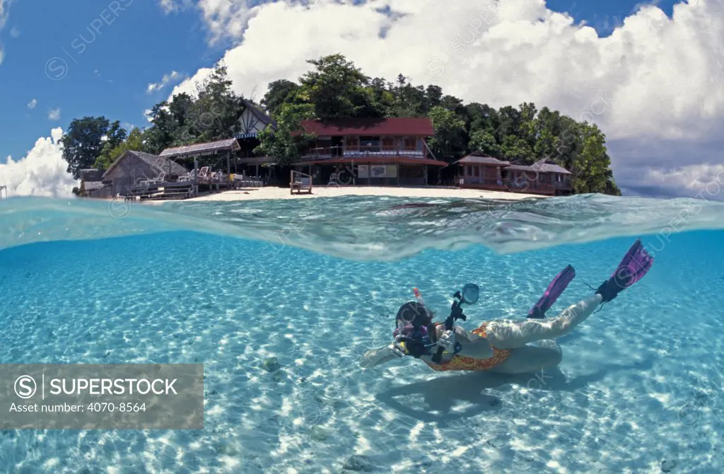 Woman Snorkler with tropical island in background, split level, Indo-Pacific