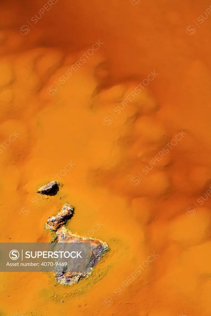 Ro Tinto, or Red River, very acidic and coloured deep red by iron dissolved in the water that drains from the local Riotinto mines causing severe environmental problems. Huelva, Spain