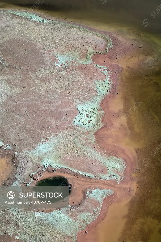 Aerial view of Riotinto River with mineral deposits from local mines, Huelva, Spain