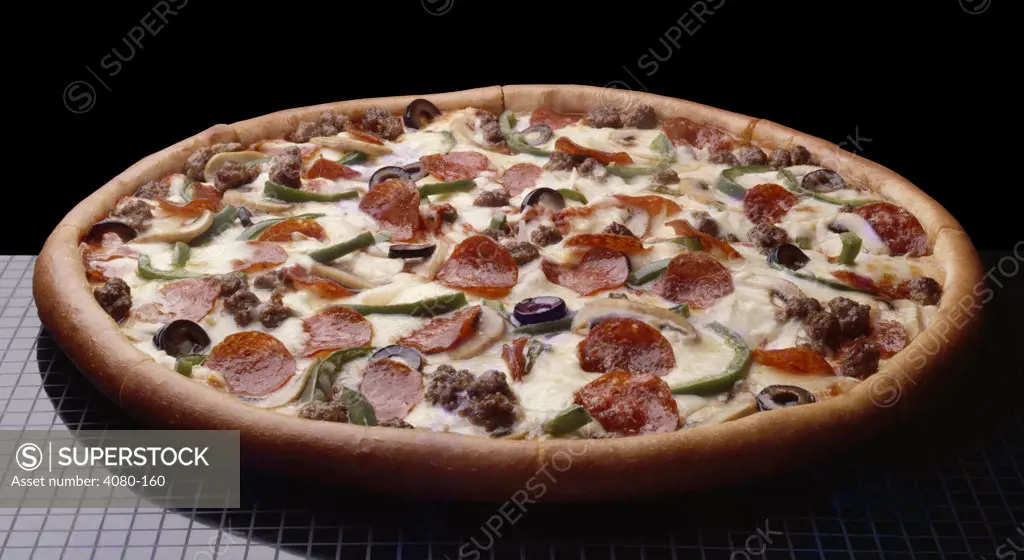 Close-up of a Supreme pizza