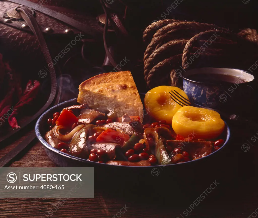 Western corn bread and beef stew with beans