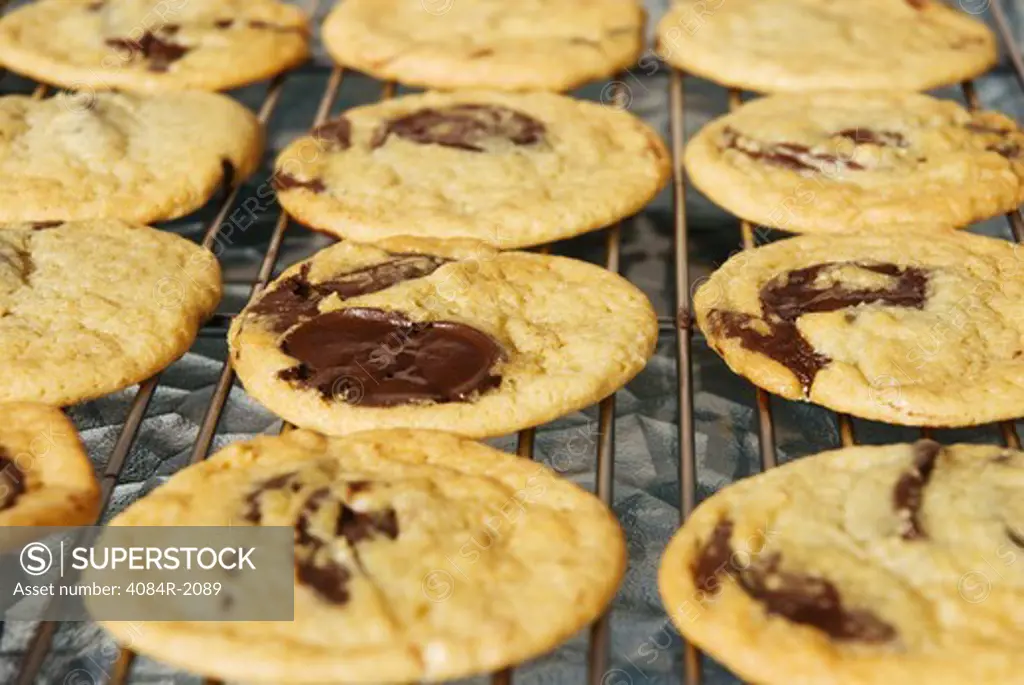 Chocolate Chip Cookies on Cooling Rack, High Angle View