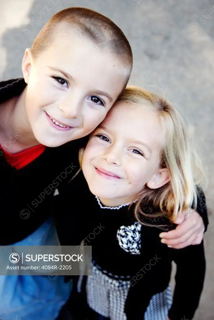 Smiling Boy and Girl, High Angle View, Portrait
