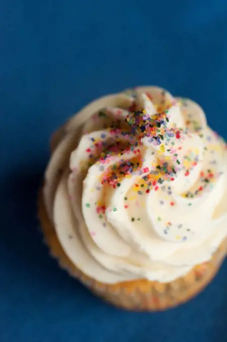 Cupcake with Vanilla Icing and Sprinkles on Blue Background