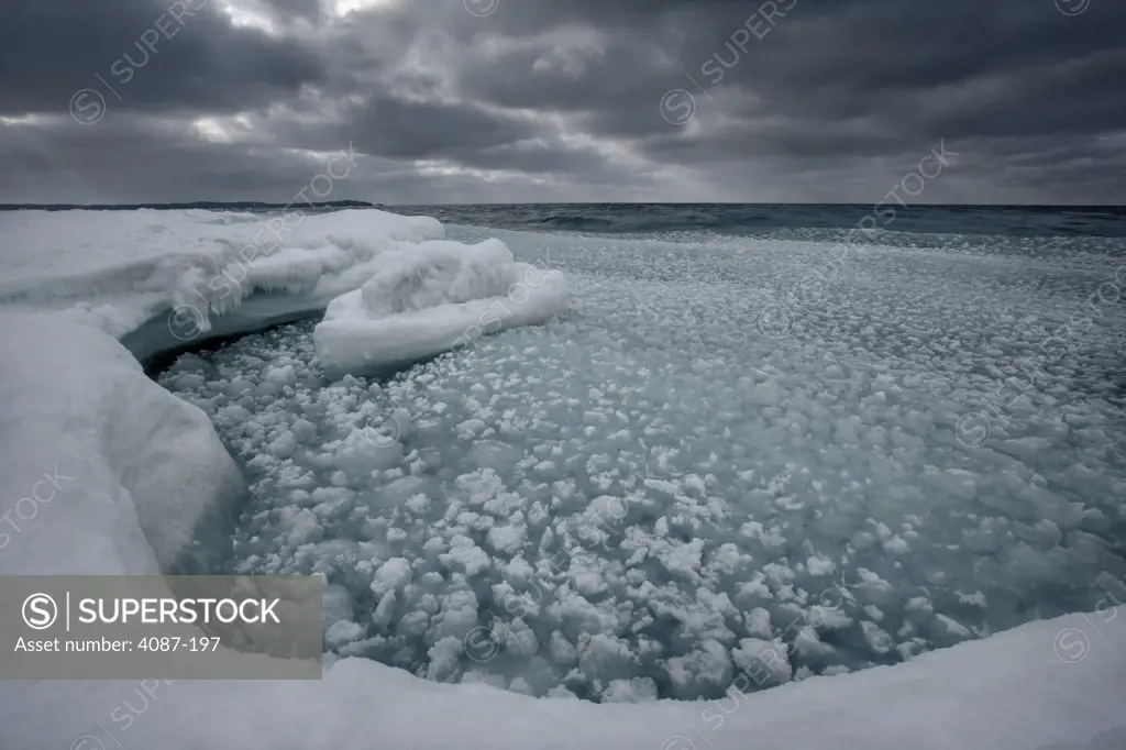 Frozen lake in winter, Leelanau County, Michigan, USA