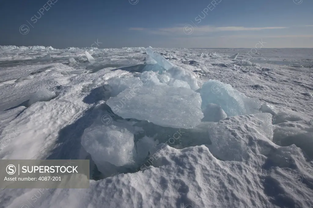 Frozen lake in winter, Empire, Leelanau County, Michigan, USA
