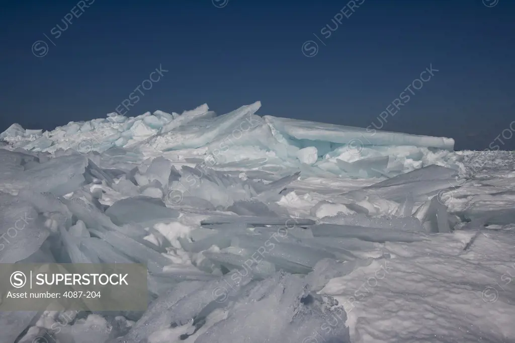 Frozen lake in winter, Empire, Leelanau County, Michigan, USA