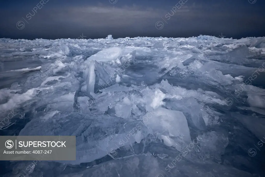 Frozen lake in winter, Leelanau Peninsula, Michigan, USA