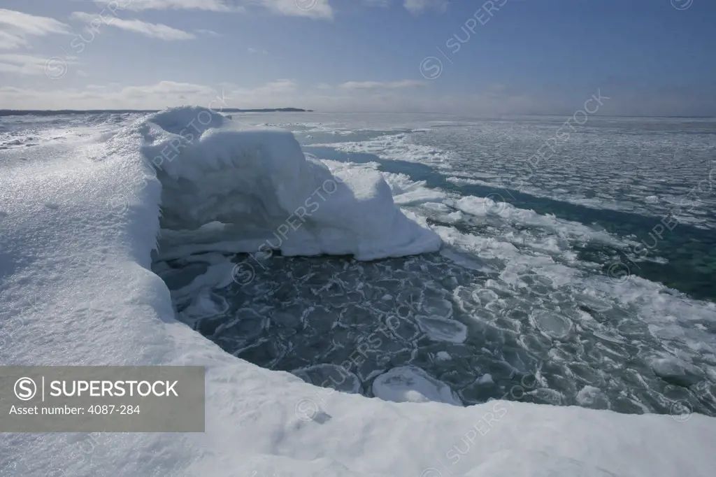 Frozen lake in winter, Michigan, USA
