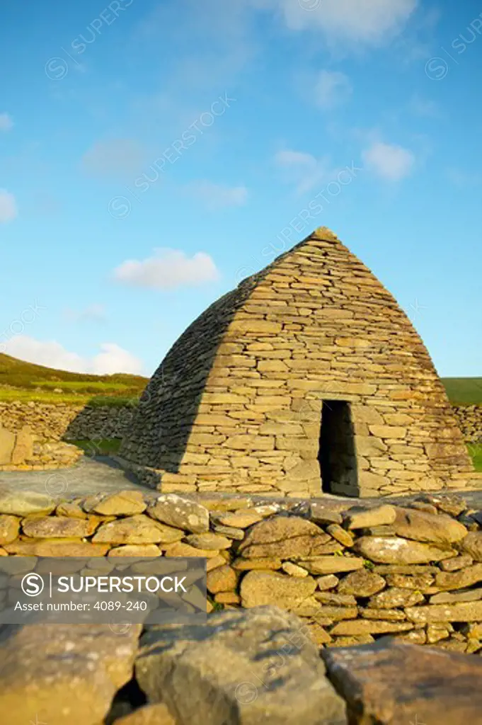 Ruins of a stone church, Gallarus Oratory, Ard na Caithne, Dingle Peninsula, County Kerry, Republic of Ireland