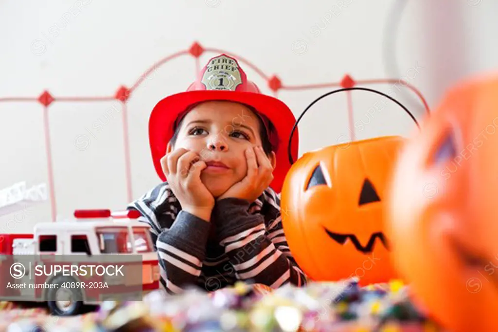 Boy playing Trick Or Treat